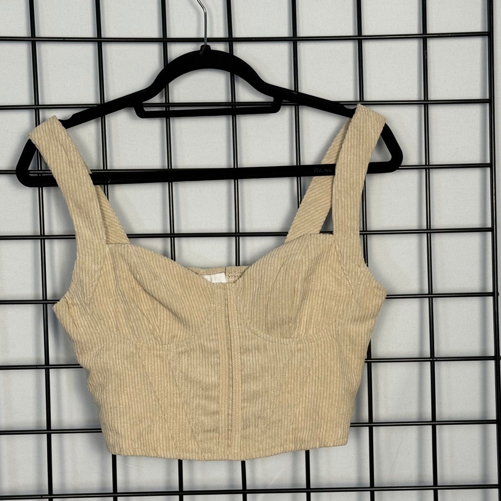 Olia Corduroy Corset Crop Top Women S Cream Beige Sweetheart Smocked Back NWT